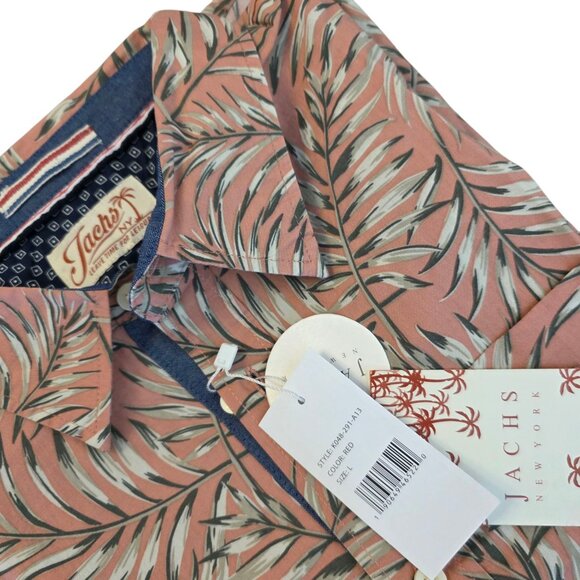🔴 Jachs NY Shirt Mens Large Palm Print Short Sleeve Button Up Pink Gray - Picture 2 of 14